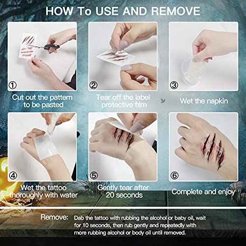 Tomoving 10PCS Halloween Tattoos，Zombie Scars Tattoos Stickers with Fake Scab Blood Special Fx Costume Makeup Props