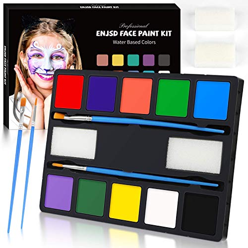 ENJSD Face Paint Kit, 14 PCS Face Paint Set for Kids and Adults, Water Based Non-Toxic 10 Vivid Colors, 2 Brushes & Sponges, Easily Washable Safe Body Painting for Halloween Makeup and Party Cosplay
