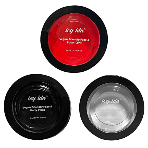 ICY LDN 3 x Large Face & Body Paint Pots Set Red, White, Black, Halloween Makeup, Skull, Zombie, Vampire, Stage Makeup, Halloween Special Effects Makeup for Cosplay FX Makeup Vegan Friendly