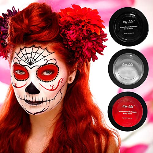 ICY LDN 3 x Large Face & Body Paint Pots Set Red, White, Black, Halloween Makeup, Skull, Zombie, Vampire, Stage Makeup, Halloween Special Effects Makeup for Cosplay FX Makeup Vegan Friendly