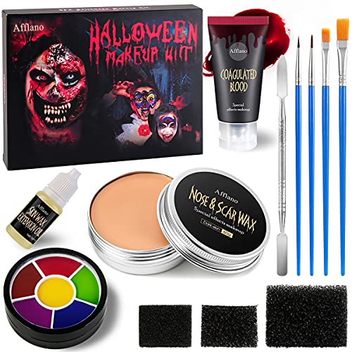 Special Effects Halloween Makeup Set,Afflano Nose & Scar Wax 60g+Coagulated Blood+Stipple Sponge*3+Wax Spatula+Skin Wax Extension Oil,Festival Stage Theatrical Wound Modeling Scar-For Adult/Kid-13 Kit