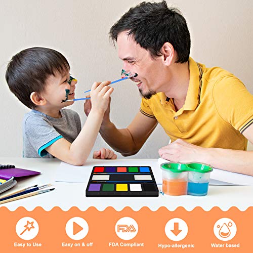 ENJSD Face Paint Kit, 14 PCS Face Paint Set for Kids and Adults, Water Based Non-Toxic 10 Vivid Colors, 2 Brushes & Sponges, Easily Washable Safe Body Painting for Halloween Makeup and Party Cosplay