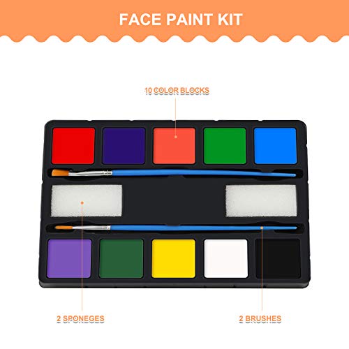 ENJSD Face Paint Kit, 14 PCS Face Paint Set for Kids and Adults, Water Based Non-Toxic 10 Vivid Colors, 2 Brushes & Sponges, Easily Washable Safe Body Painting for Halloween Makeup and Party Cosplay