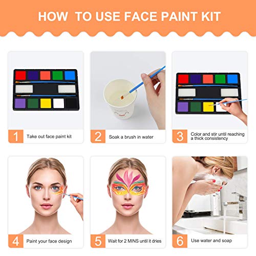 ENJSD Face Paint Kit, 14 PCS Face Paint Set for Kids and Adults, Water Based Non-Toxic 10 Vivid Colors, 2 Brushes & Sponges, Easily Washable Safe Body Painting for Halloween Makeup and Party Cosplay