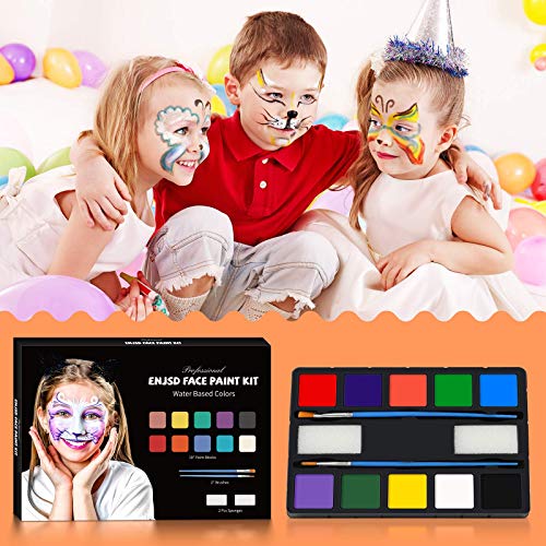 ENJSD Face Paint Kit, 14 PCS Face Paint Set for Kids and Adults, Water Based Non-Toxic 10 Vivid Colors, 2 Brushes & Sponges, Easily Washable Safe Body Painting for Halloween Makeup and Party Cosplay
