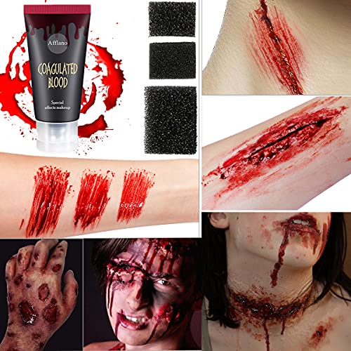 Special Effects Halloween Makeup Set,Afflano Nose & Scar Wax 60g+Coagulated Blood+Stipple Sponge*3+Wax Spatula+Skin Wax Extension Oil,Festival Stage Theatrical Wound Modeling Scar-For Adult/Kid-13 Kit