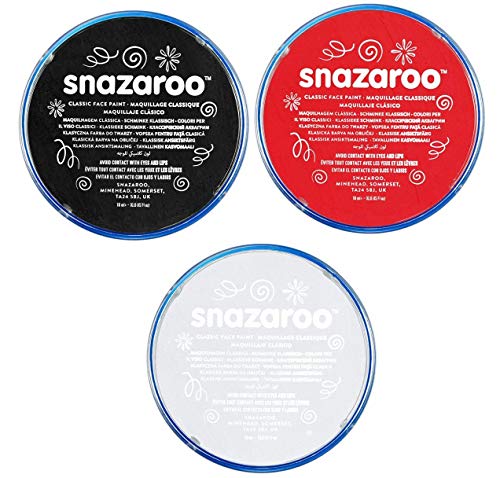 Areema Limited THREE 18ml SNAZAROO FACE & BODY PAINT SET (BLACK, WHITE, BRIGHT RED) ZOMBIE, VAMPIRE HALLOWEEN