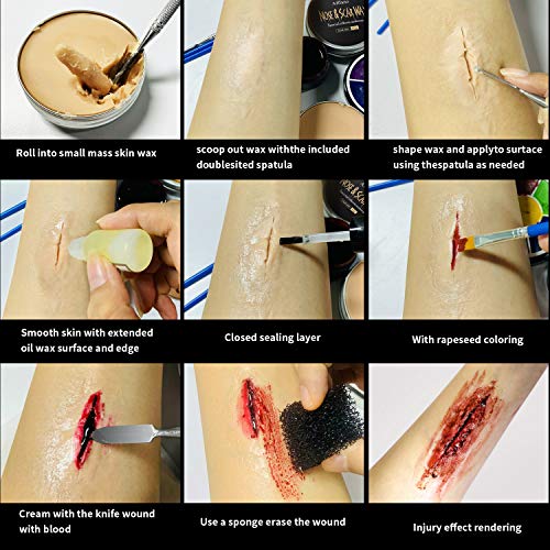Special Effects Halloween Makeup Set,Afflano Nose & Scar Wax 60g+Coagulated Blood+Stipple Sponge*3+Wax Spatula+Skin Wax Extension Oil,Festival Stage Theatrical Wound Modeling Scar-For Adult/Kid-13 Kit