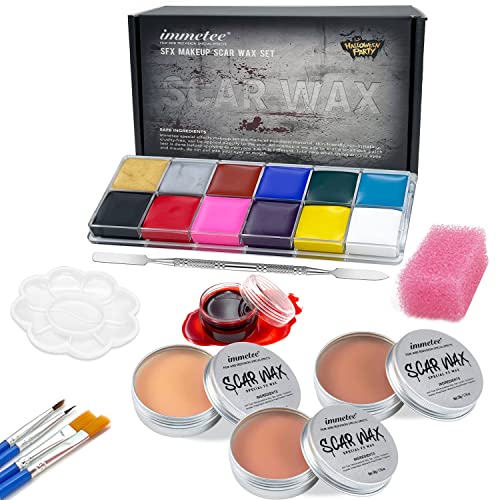 immetee SFX Makeup Kit, Special Effect Face Body Paint Halloween Makeup, Face Paint Oil Palette+3 Scar Wax+1 Fake Blood+4 Paint Brushes+1 Spatula+1 Stipple Sponge+1Palette.