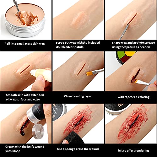 AFFLANO Special Effects Stage Halloween Makeup Set,All-in-1 SFX Makeup Kit-Face Body Painting+Fake Scar Wax+Coagulated Blood+Sponge+Spatula+Extension Oil,Zombie Festival Theatrical Wound Modeling Scar