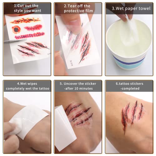 15 Sheets Halloween scar tattoos Stickers with Fake Scab Blood,zombie tattoo,halloween scar makeup,halloween face stickers, Halloween costume for women Makeup Props