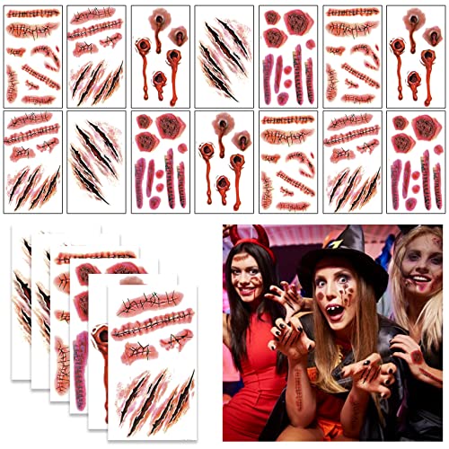 152 Halloween Tattoos-Halloween Sca and Wounds,Halloween Make Up Fake Sca,Zombie Makeup Kit,Vampire Bite Marks,Halloween Costumes Women Men Makeup Fake Bleeding Wounds Sutures Tattoo