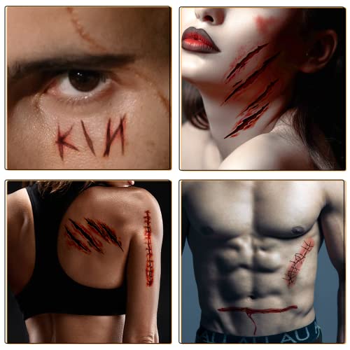 15 Sheets Halloween scar tattoos Stickers with Fake Scab Blood,zombie tattoo,halloween scar makeup,halloween face stickers, Halloween costume for women Makeup Props