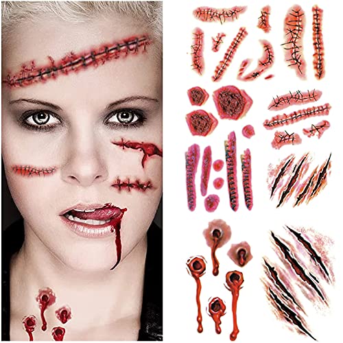 152 Halloween Tattoos-Halloween Sca and Wounds,Halloween Make Up Fake Sca,Zombie Makeup Kit,Vampire Bite Marks,Halloween Costumes Women Men Makeup Fake Bleeding Wounds Sutures Tattoo