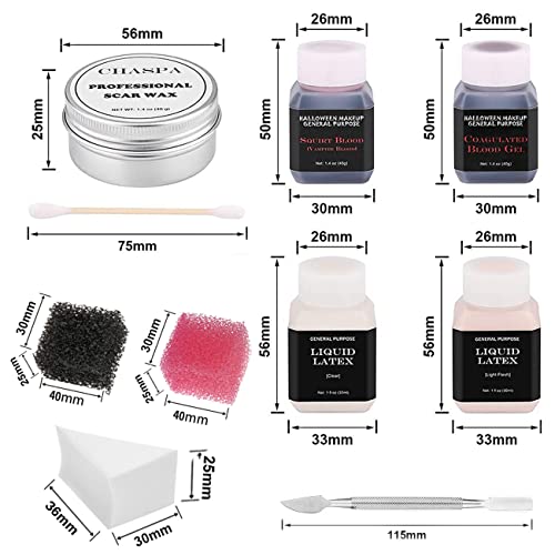 CHASPA Halloween Liquid Latex Special Effects SFX makeup kit for Fake Scar Wound Makeup - Scar Wax + 2 Btl Liquid Latex + 2 Btl Fake Blood + Spatula Tool + 2Pcs Stipple Sponge for Halloween Cosplay