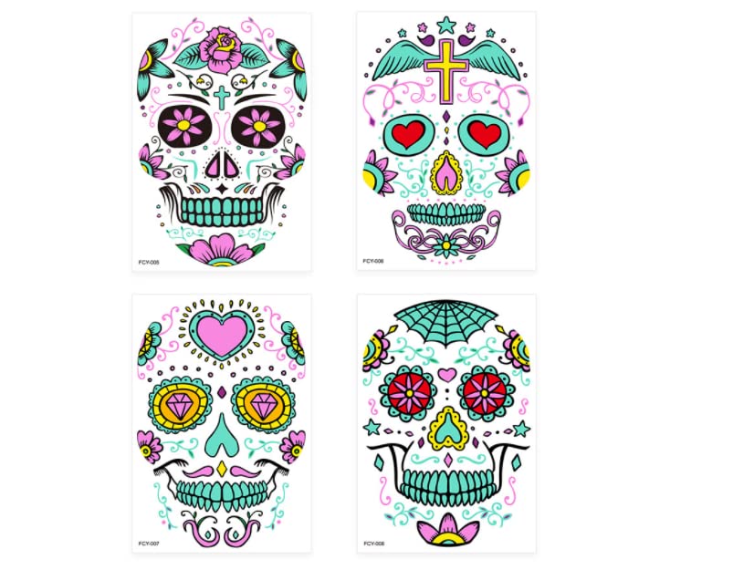Halloween Skull Temporary Face Tattoos Glow in the Dark, Colorful Adult Temporary Tattoos for Women, Day of the Dead Zombie Makeup 4 PC (Fluorescent face sticker 4pc)