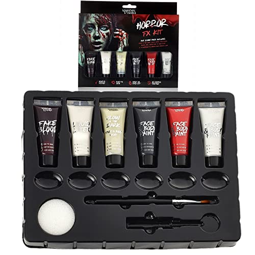 Horror SFX Kit for Halloween makeup– Full set of 6 includes Liquid Latex, Fake Blood, Glow in the Dark Face & Body Paint, plus White, Black and Red Face & Body Paint