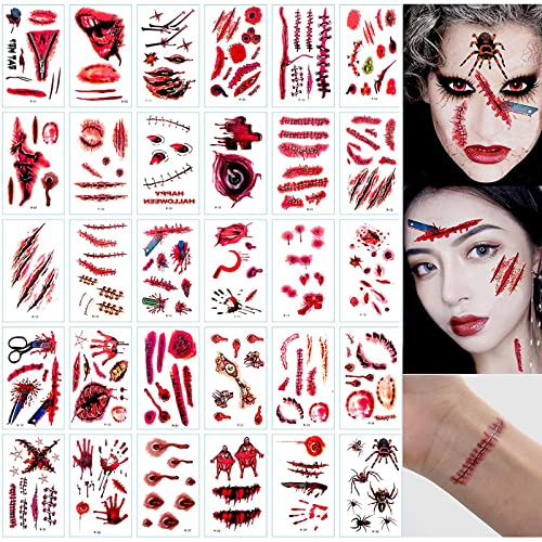 30 Sheets Halloween Temporary Tattoo Stickers Scars Waterproof Halloween Tattoo,Halloween Makeup Tattoos Stickers Family Kit,Suitable for Women Men Boy and Girl Masquerade Halloween Party
