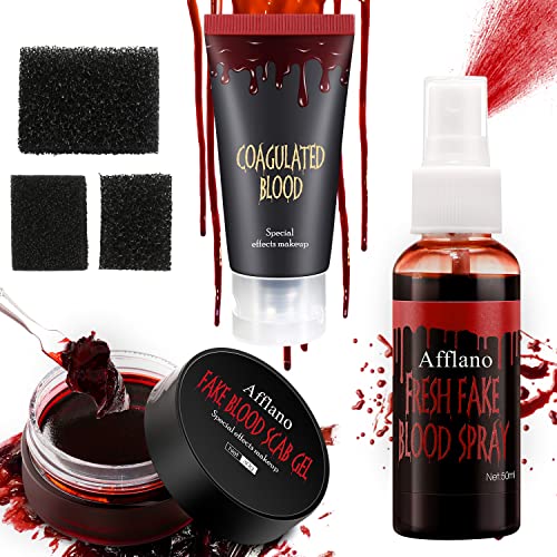 Afflano Halloween Makeup Kit Fake Blood Splatter,Coagulated Blood Gel+3*Stipple Sponge+Blood Spray for Clothes,Special Effects,Zombie,Vampire Monster SFX Makeup,for Theater,Stage,Film,Costumes,Cosplay