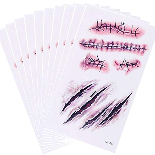10 x Halloween Zombie Scars Tattoos Stickers with Fake Scab Blood Special Fx Costume Makeup Props