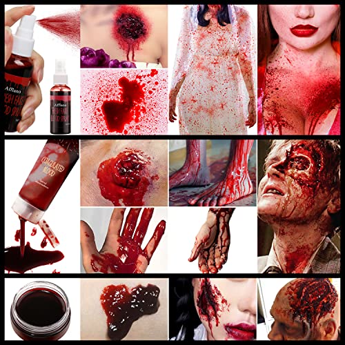 Afflano Halloween Makeup Kit Fake Blood Splatter,Coagulated Blood Gel+3*Stipple Sponge+Blood Spray for Clothes,Special Effects,Zombie,Vampire Monster SFX Makeup,for Theater,Stage,Film,Costumes,Cosplay