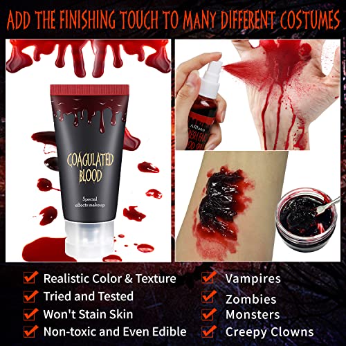 Afflano Halloween Makeup Kit Fake Blood Splatter,Coagulated Blood Gel+3*Stipple Sponge+Blood Spray for Clothes,Special Effects,Zombie,Vampire Monster SFX Makeup,for Theater,Stage,Film,Costumes,Cosplay
