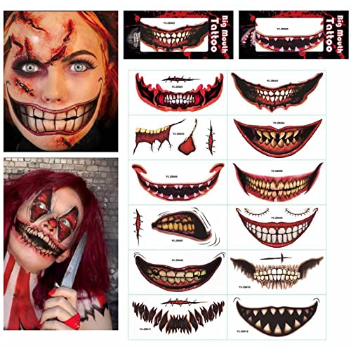 12Pcs Halloween Prank Make up Temporary Tattoos,Halloween Cosplay Temporary Tattoo Halloween Clown Horror Mouth Tattoo Smiling Lip Fake Tattoos Halloween Face Tattoo Prank Makeup Props for Adults Kids
