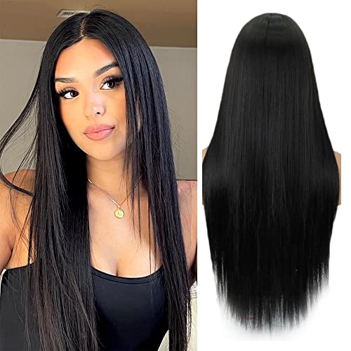 Charming Girls Long Black Straight Wig Middle Part Hair Anime Cosplay Halloween Party Costume Wigs for Women