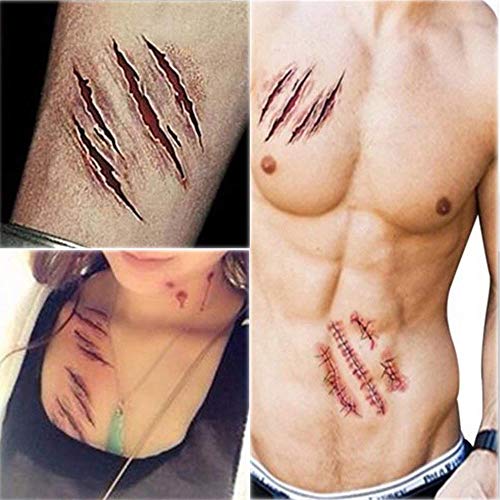 10 x Halloween Zombie Scars Tattoos Stickers with Fake Scab Blood Special Fx Costume Makeup Props