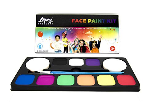 Lopez Products Face Paint Palette 9 Colours + 24 Stencils Set Water based Safe For Kids Face painting Washable Face & Body for Birthday parties Carnival Halloween Holiday Makeup Set Non-toxic