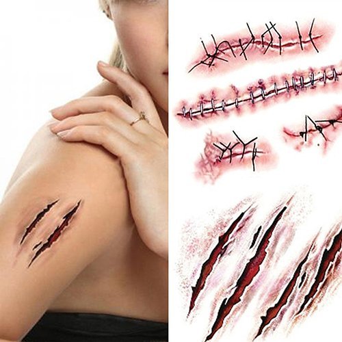 RMCtrends [Pack of 15 sheets] HD Ultra Realistic Halloween Tattoos Fancy Dress Party Costume Makeup Temporary Tattoos Stickers Decoration Fake Wounds Scars and Stitches Make Up x15 Tattoo Sheets