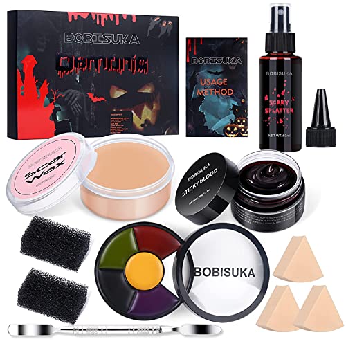 BOBISUKA Special Effects SFX Halloween Makeup Kit - 5 Colors Bruise Makeup Face Body Painting Palette + Scar Wax with Spatula Tool + Fake Blood Splatter Spray + Fake Blood Cream + Stipple Sponges