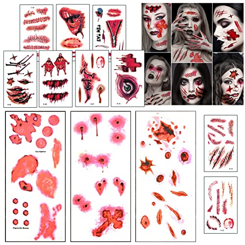 Halloween Scar Tattoos, 120Pcs Halloween Face Tattoo Stickers with Waterproof Scars Fake Blood Wound Tattoo, Halloween Temporary Tattoos Halloween Zombie Makeup Kit for Kids&Adults 3 Large&9 Small