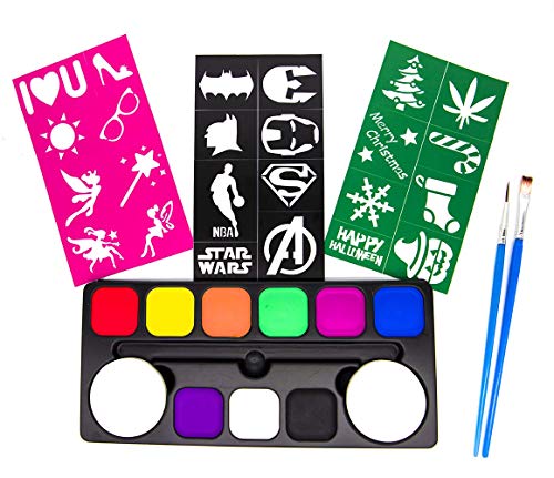 Lopez Products Face Paint Palette 9 Colours + 24 Stencils Set Water based Safe For Kids Face painting Washable Face & Body for Birthday parties Carnival Halloween Holiday Makeup Set Non-toxic