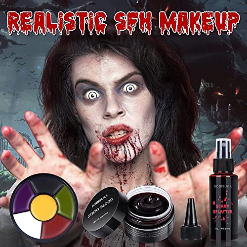 BOBISUKA Special Effects SFX Halloween Makeup Kit - 5 Colors Bruise Makeup Face Body Painting Palette + Scar Wax with Spatula Tool + Fake Blood Splatter Spray + Fake Blood Cream + Stipple Sponges
