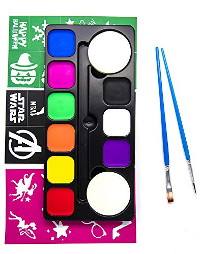 Lopez Products Face Paint Palette 9 Colours + 24 Stencils Set Water based Safe For Kids Face painting Washable Face & Body for Birthday parties Carnival Halloween Holiday Makeup Set Non-toxic