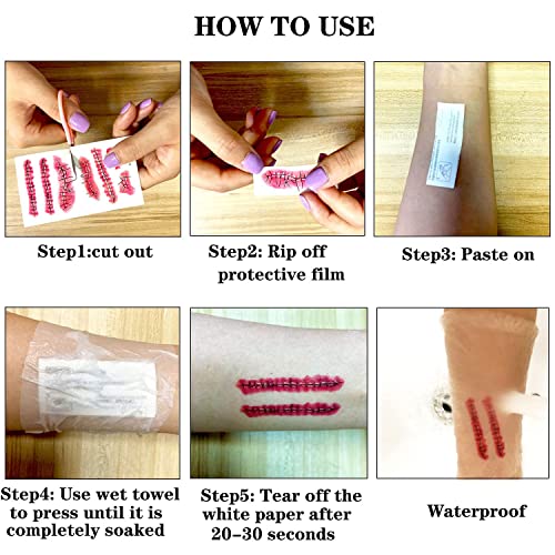 30 Sheets Halloween Temporary Tattoo Stickers Scars Waterproof Halloween Tattoo,Halloween Makeup Tattoos Stickers Family Kit,Suitable for Women Men Boy and Girl Masquerade Halloween Party