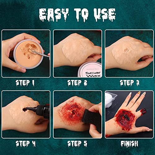 BOBISUKA Special Effects SFX Halloween Makeup Kit - 5 Colors Bruise Makeup Face Body Painting Palette + Scar Wax with Spatula Tool + Fake Blood Splatter Spray + Fake Blood Cream + Stipple Sponges