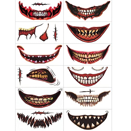 12Pcs Halloween Prank Make up Temporary Tattoos,Halloween Cosplay Temporary Tattoo Halloween Clown Horror Mouth Tattoo Smiling Lip Fake Tattoos Halloween Face Tattoo Prank Makeup Props for Adults Kids
