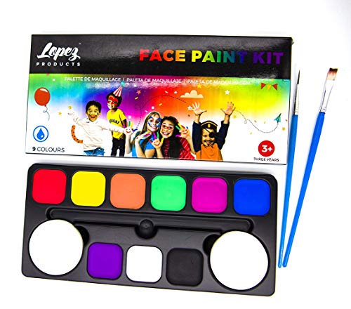 Lopez Products Face Paint Palette 9 Colours + 24 Stencils Set Water based Safe For Kids Face painting Washable Face & Body for Birthday parties Carnival Halloween Holiday Makeup Set Non-toxic