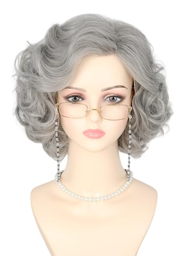 LeMarnia 5Piece Old Lady Costume Wig Grey Short Curly Layered Wig for Cosplay Party Halloween Costume Wig