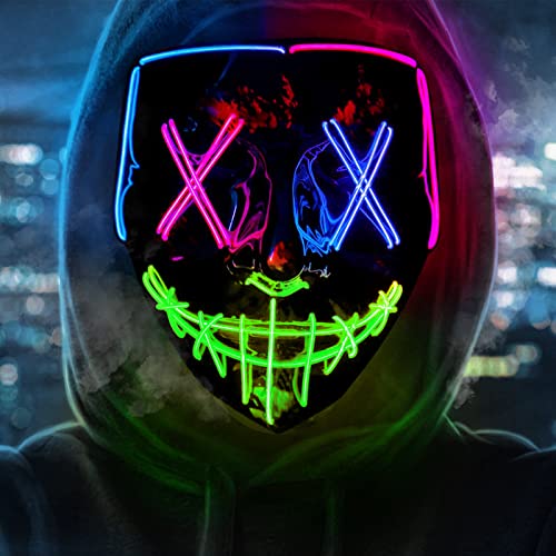 YEHUARIS Halloween Mask, 3 Color Purge LED Light Up Mask for Adult Men Women Kids, Scary Glow Mask with 4 Lighting Mode