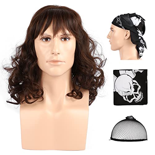 Halloween Mens Wig Set, 80s Mullet Brown Curly Hair Wig with Skull Bandana and Wig Cap, Metal Punk Rocking Rocker Wigs Great for Halloween, Cosplay, DIY Themed Costume Party