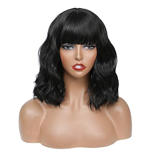 X-Tress 15 inch Black Wig for Women Natural Wavy Curly Hair Wig with Air Bangs None Lace Wig Daily Party Wig Halloween Wig Fancy Dress Wig(1B)