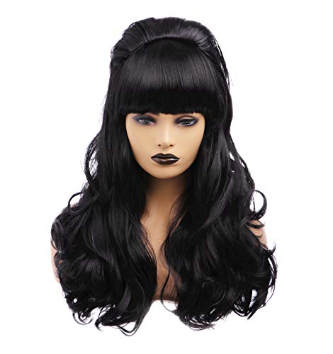 Long Curly Wavy Full Head Halloween Black Wigs for Women Cosplay Costume Party Wig with Fringe for 70s