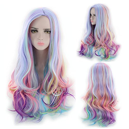 ATAYOU® Long Curly Rainbow Hair Wigs Multi-Colored Long Wave Cosplay Wig For Women Halloween Karneval Wig + Wig Cap (Colorfull)