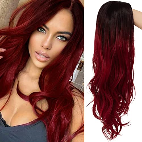 Colorful panda Ombre Wine Red Wigs for Women Long Curly Wavy Side Part Natural Looking Synthetic Hair wig with black roots for cosplay Halloween Party