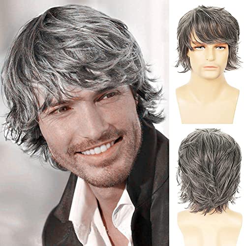 Mens Wig Grey Short Layered Natural Wave Synthetic Male Wigs with Bangs Halloween Cosplay Party