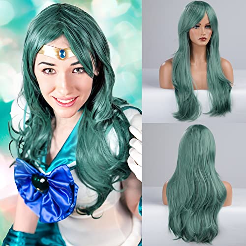 BLONDE UNICORN Long Wavy Green Wigs with Bangs Middle Part Synthetic Wigs for Women Wigs Long Wave Anime Costume Cosplay Wig Party Wig Halloween Wigs