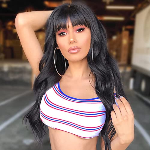 REVIVI Long Black Wavy Wigs for Women Halloween Curly Wigs with Bangs Synthetic Wig for Girls Cosplay Party or Everyday Wear 28inch
